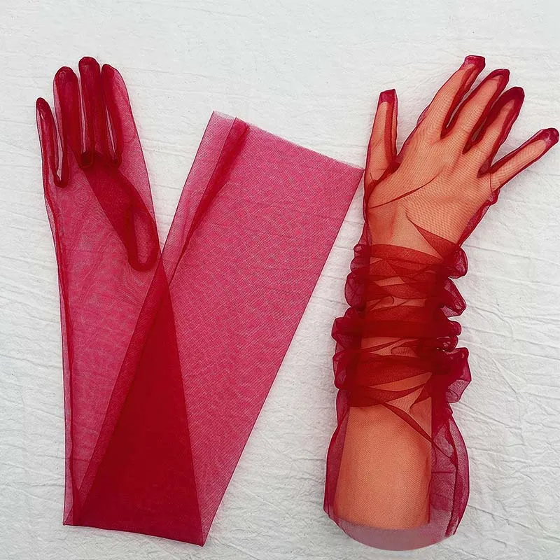 Guantes largos de tul transparente para mujer, mitones de dedo completo, ultrafinos, elásticos, codo de malla, boda, novia, accesorio de Halloween