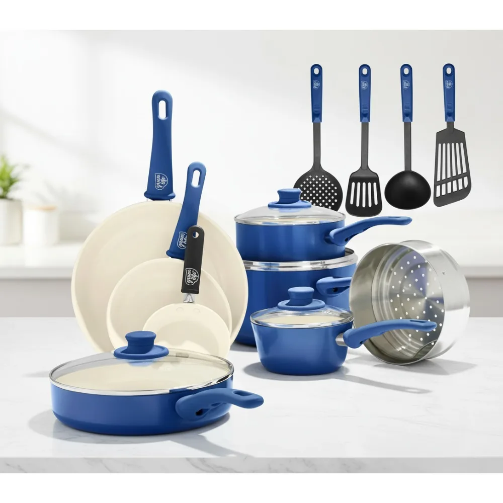

Набор керамической посуды с антипригарным покрытием, 16 предметов, без PFAS, можно мыть в посудомоечной машине, синий — идеально подходит для семейных кухонь