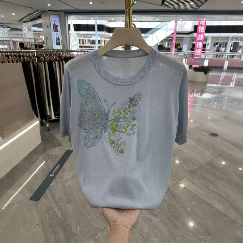 

Трикотажная футболка из ледяного шелка для молодых мам, уличная футболка большого размера с креативным узором, летний модный топ для среднего возраста...