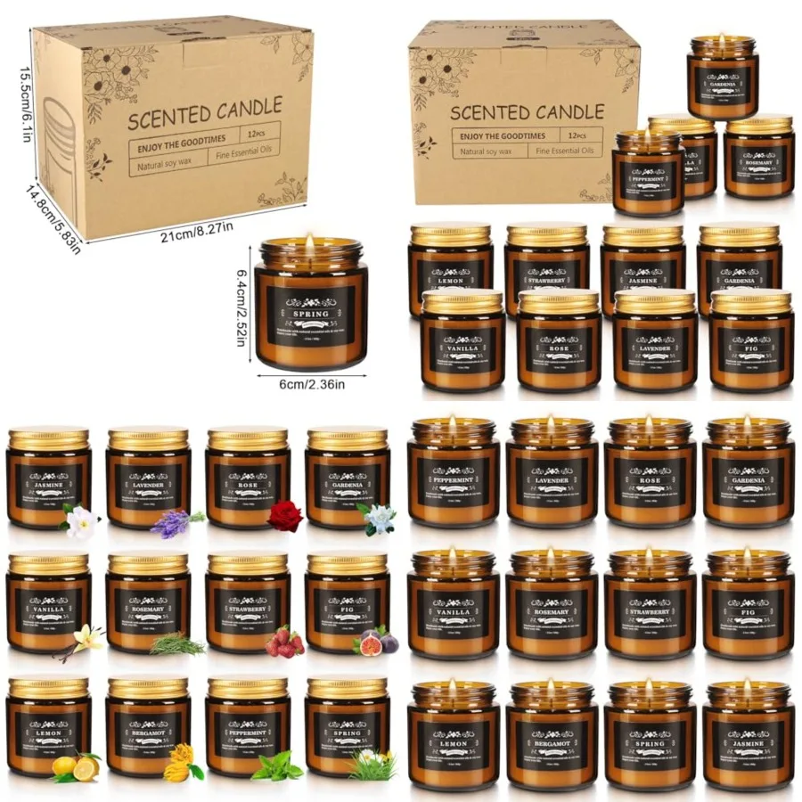 

Scented Candle Set 12 Pack Candle for Home Scented Odor Eliminating Stress Relief Long Lasting Soy Wax Gift Set
