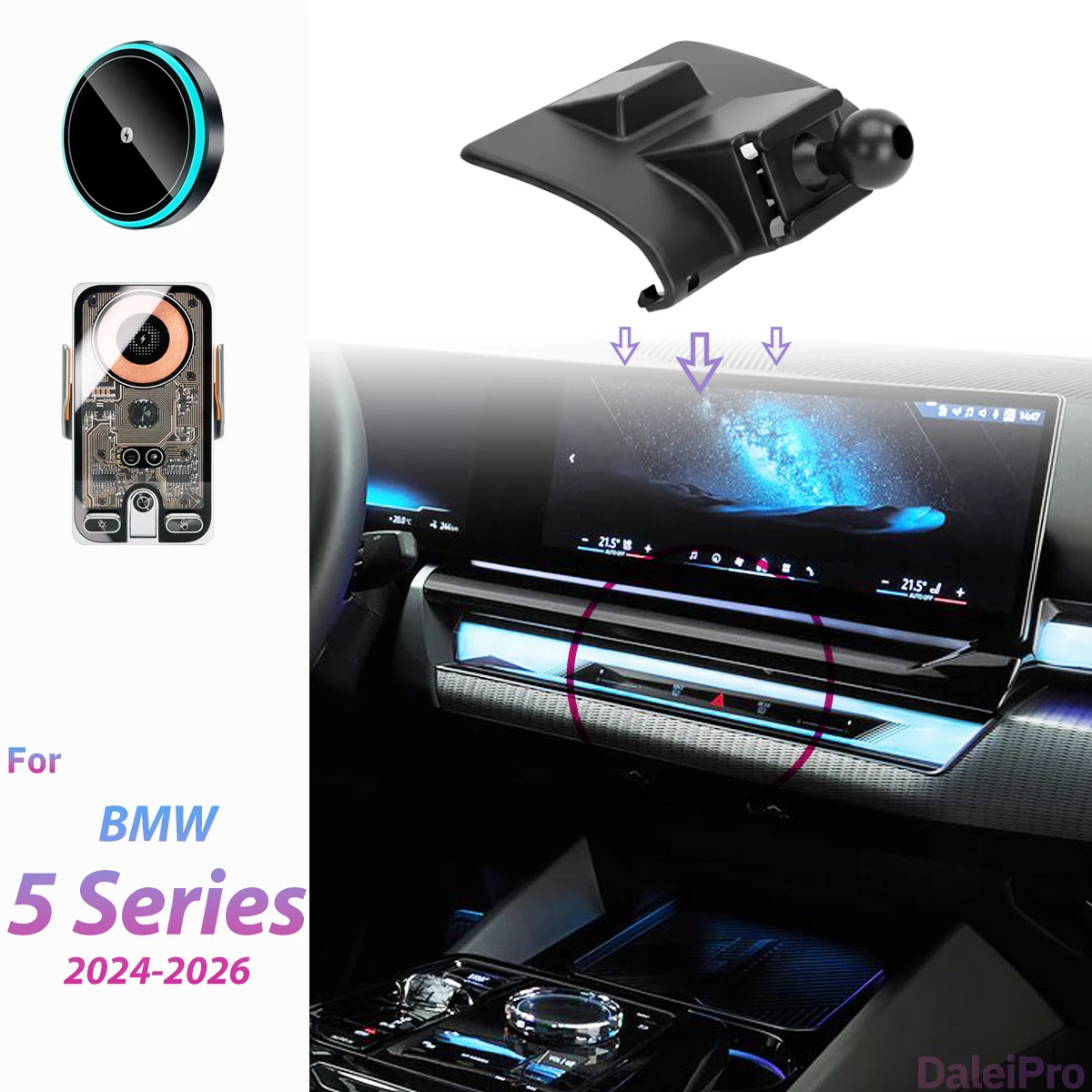 Für BMW 5er G60 i5 2024 2025 2026 Auto-Handyhalterung mit kabelloser Ladefunktion, automatische Klemmung, starke magnetische Halterungsbasis – Detail 1