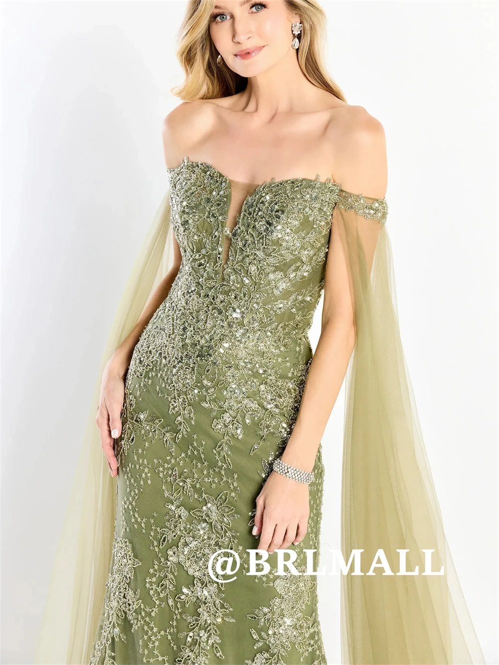 

BRLMALL Sage Beaded Appliques Prom Dress with Shawl Sleeves, Women's Long Evening Dresses 2025, Customized Party Gown for Women