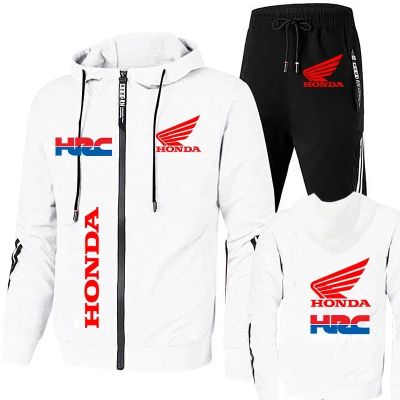 Honda Hoodie ชุดเสื้อผ้าผู้ชาย Honda ปีกสีแดงและ HRC โลโก้พิมพ์ผู้ชายฤดูใบไม้ร่วง Zip Up Hoodies + กางเกงชุดผู้ชาย Honda เสื้อ