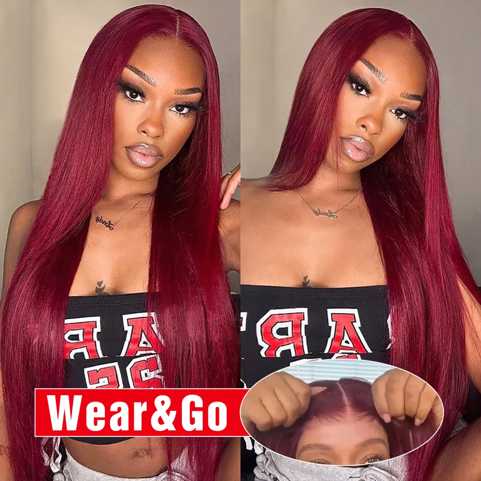 Burgundy Glueless Wig Human Hair Ready To Wear And Go Preplucked Straight 99J Red Colored HD Lace Wigs For Women 100% Human Hair