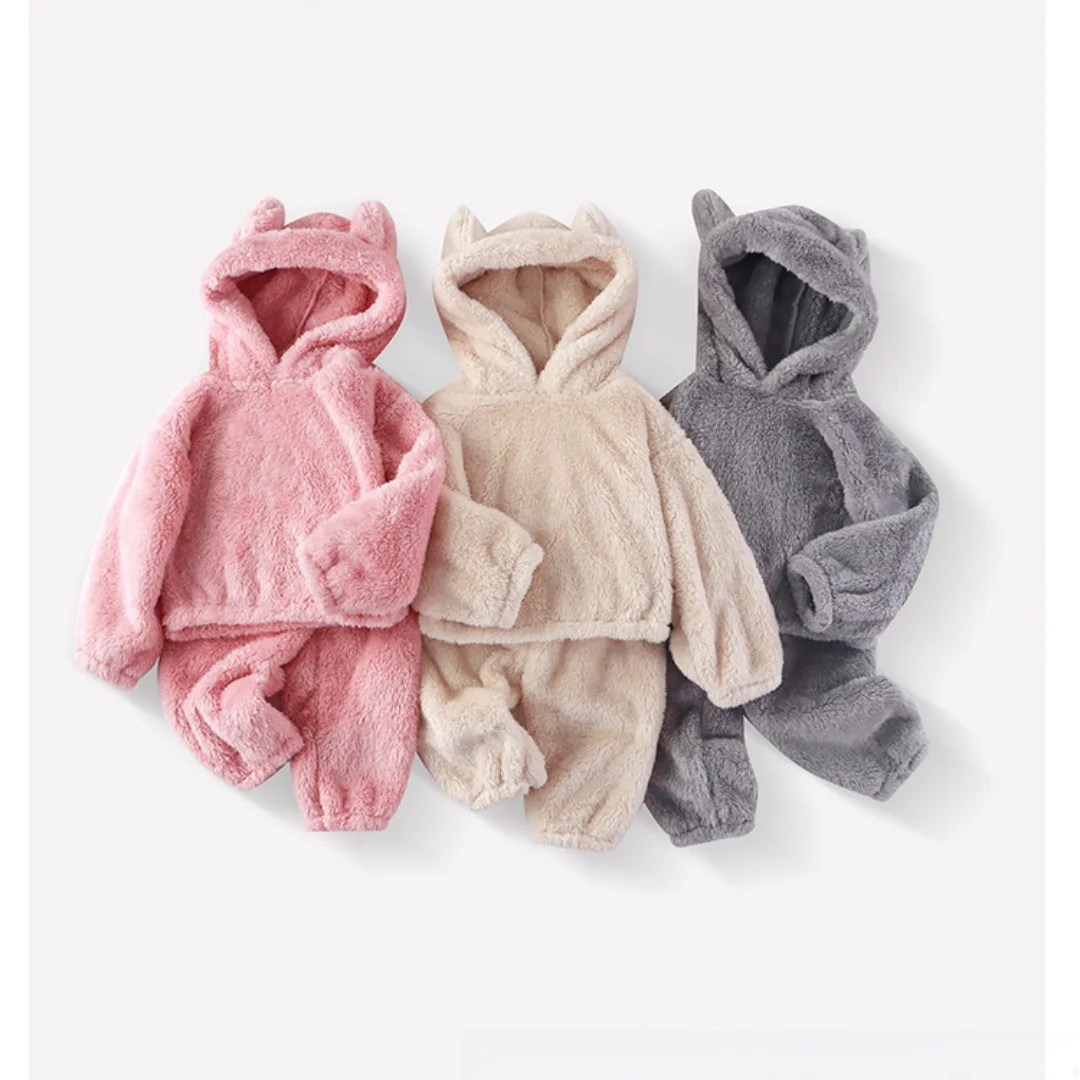 

1-6Y Kids Fleece Plush Outfit Sets Toddler Bear Ear Hooded Sweatshirt Pants 2025 New Winter Boys Girls Warm Fluffy Loungewear