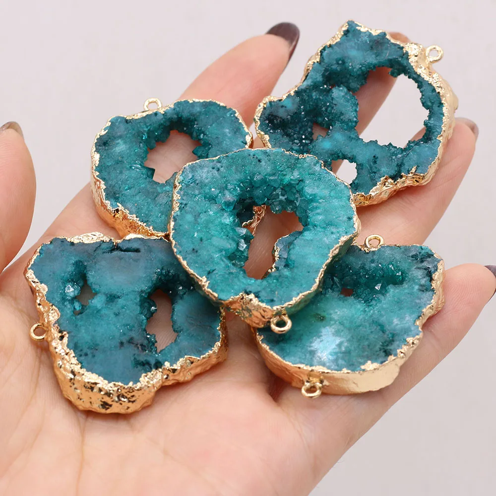 New Natural Druzy Agates Pendant Connectors Irregular Gold Plated Double Hole Connectors for DIY Jewelry Making Gift