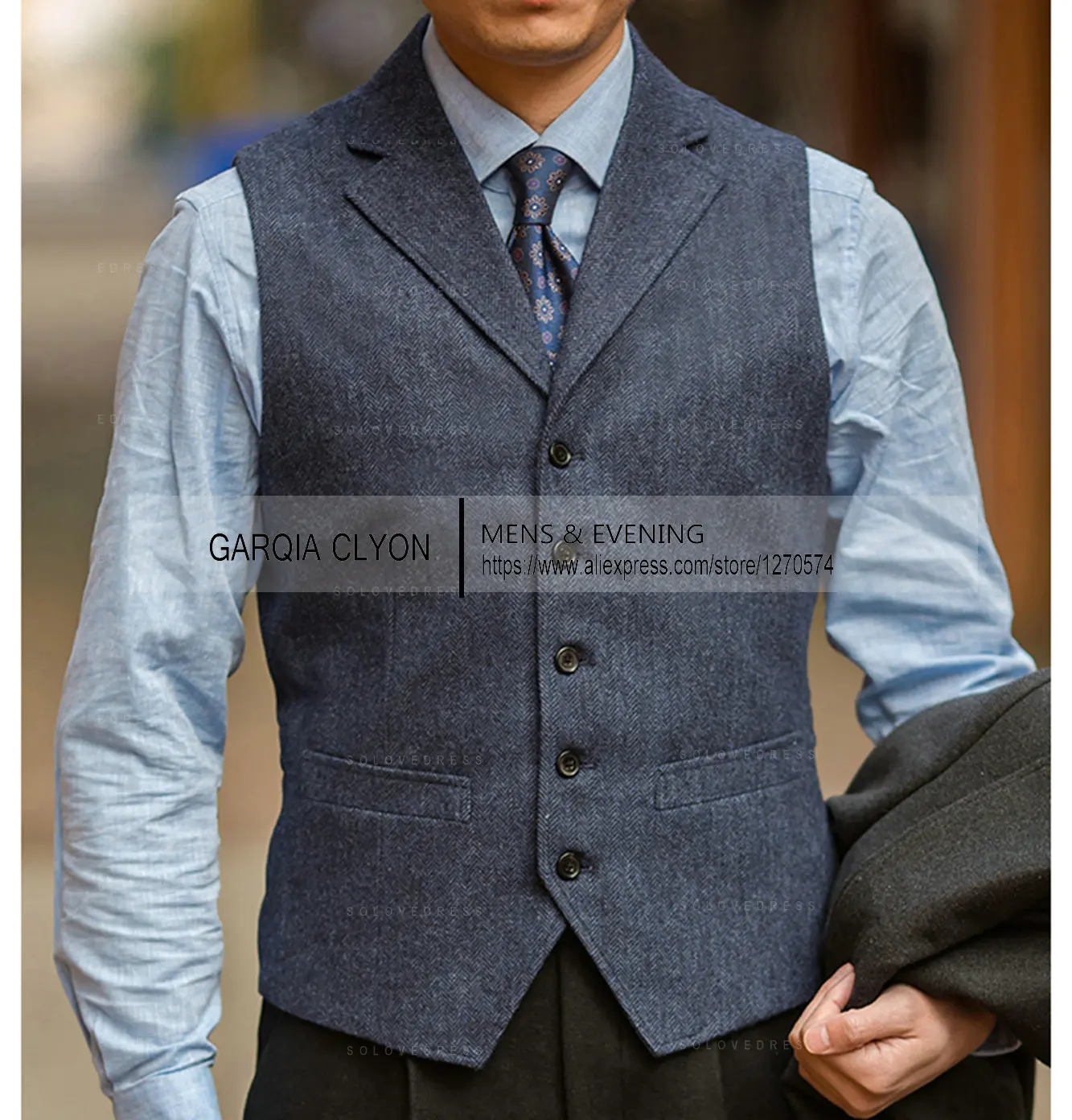 Mens Suit Vest Lapel V Neck Wool Herringbone CasualBusiness Vest Waistcoat Groomman For Wedding Wool Tweed Business Waistcoat