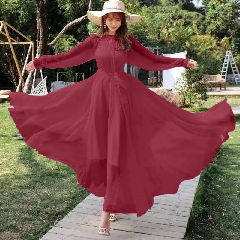 Beach Chiffon Super Long Dress Women's New Arrival Spring Autumn Chic Dress  Elegant Long-Sleeved Loose Lace-Up Slim Dresses - AliExpress 200000345