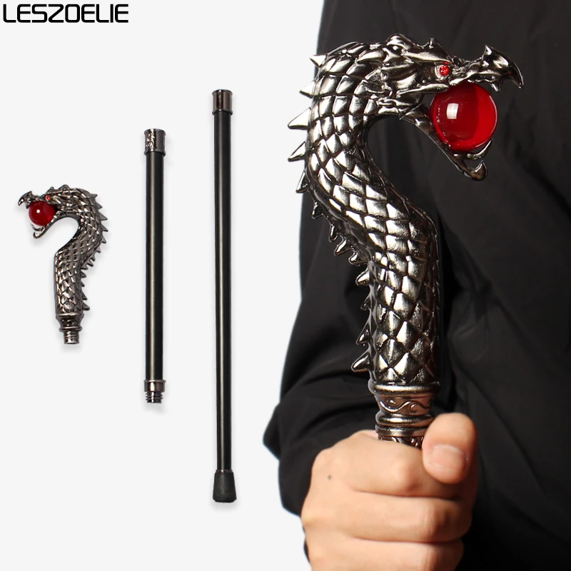 Luxury Silver Dragon-Head Walking Cane with Red Crystal Ball Fashionable Men And Women Decorative Party Stick Vintage Design
