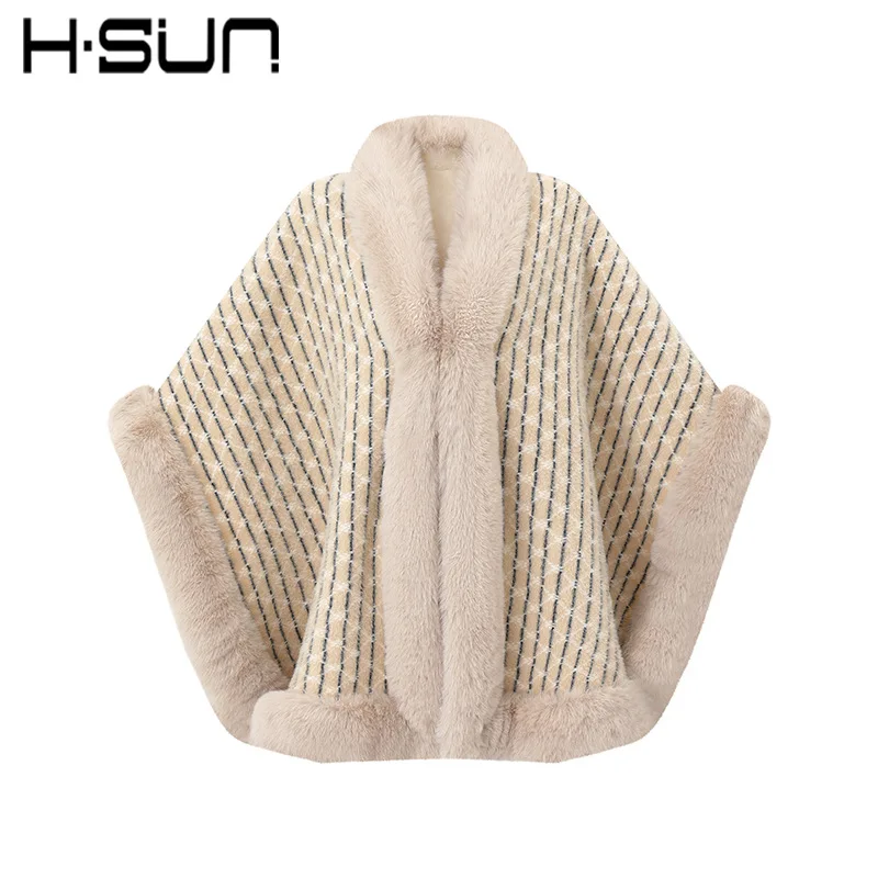 Winter New Women's Cape Coat Stripe Pattern Furry Collar Trim Loose Warm Trendy Elegant Fashion Commute Casual Daily Wear Cloak