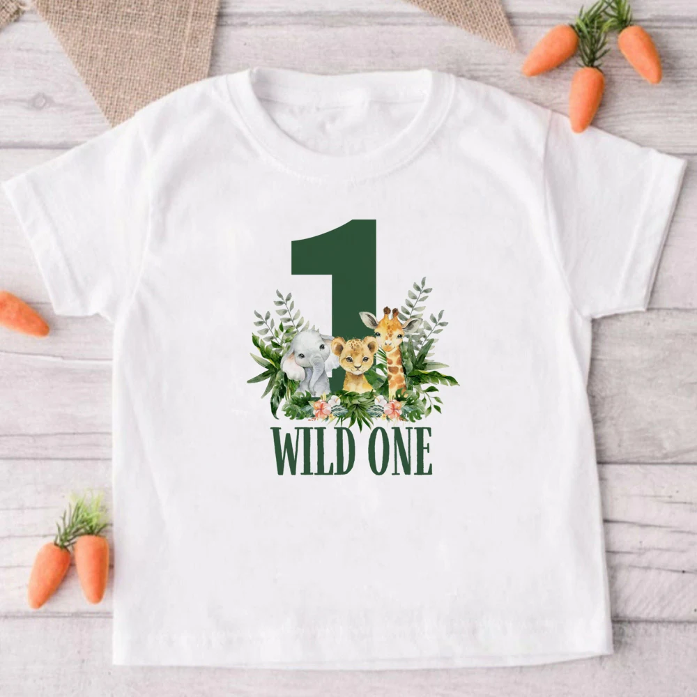 Wild One Safari Animals T-shirt impressa para crianças, roupas de festa de aniversário para criança, roupas de manga curta para meninos e meninas