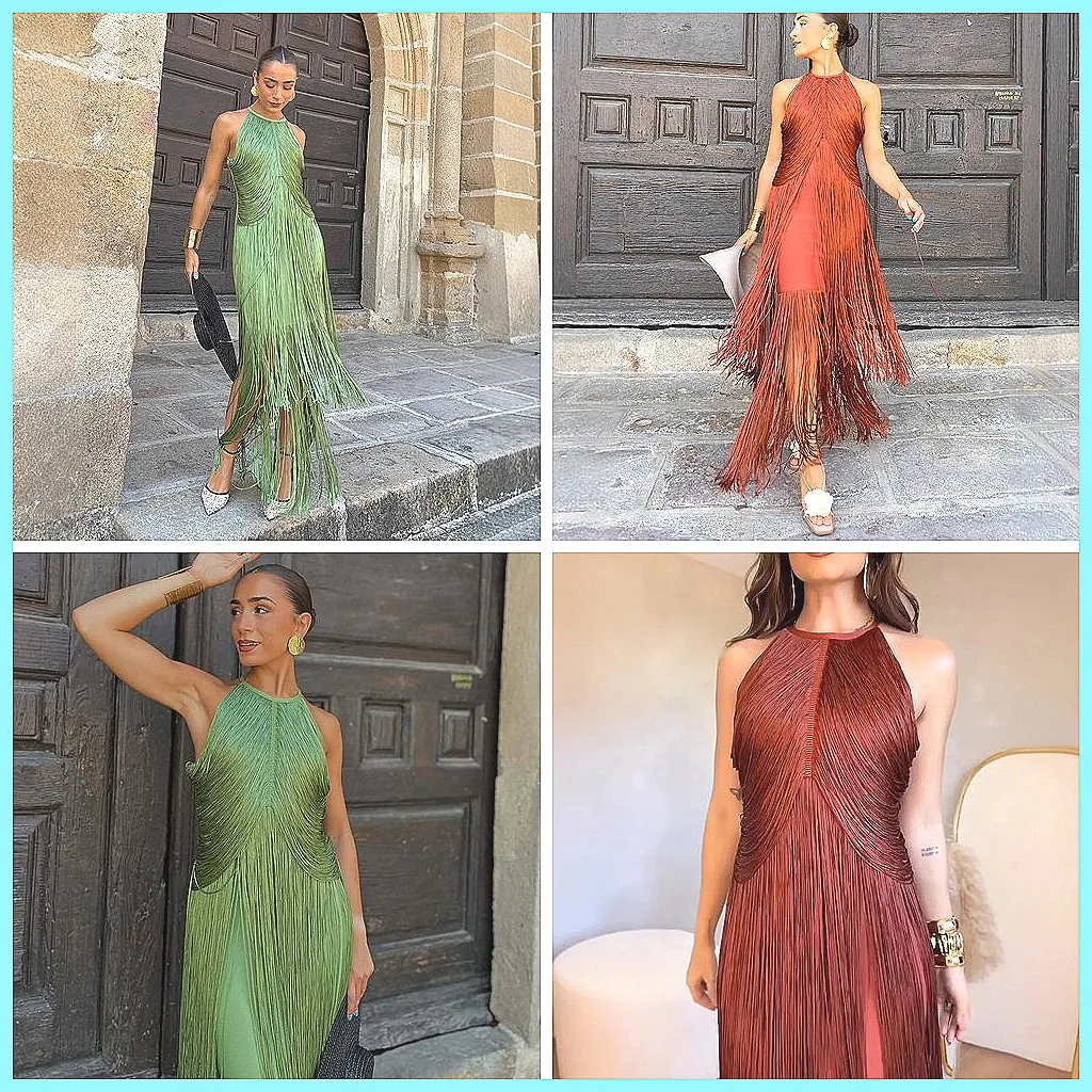 

Elegant 2026 Hollow Back Halter Dress with Tassels, Slim Waist Cocktail Long Dress for Women(72 characters)