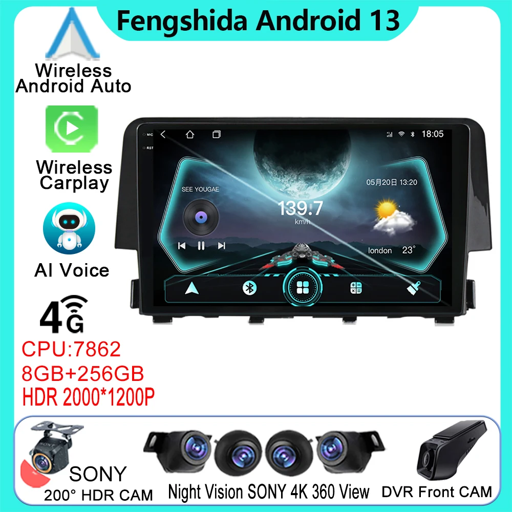 

Автомагнитола на Android 13 для Honda Civic 10 FC FK 2015-2020, мультимедийный проигрыватель, навигация, стерео, GPS, Φ, Wi-Fi, Bluetooth, NO 2DIN DVD