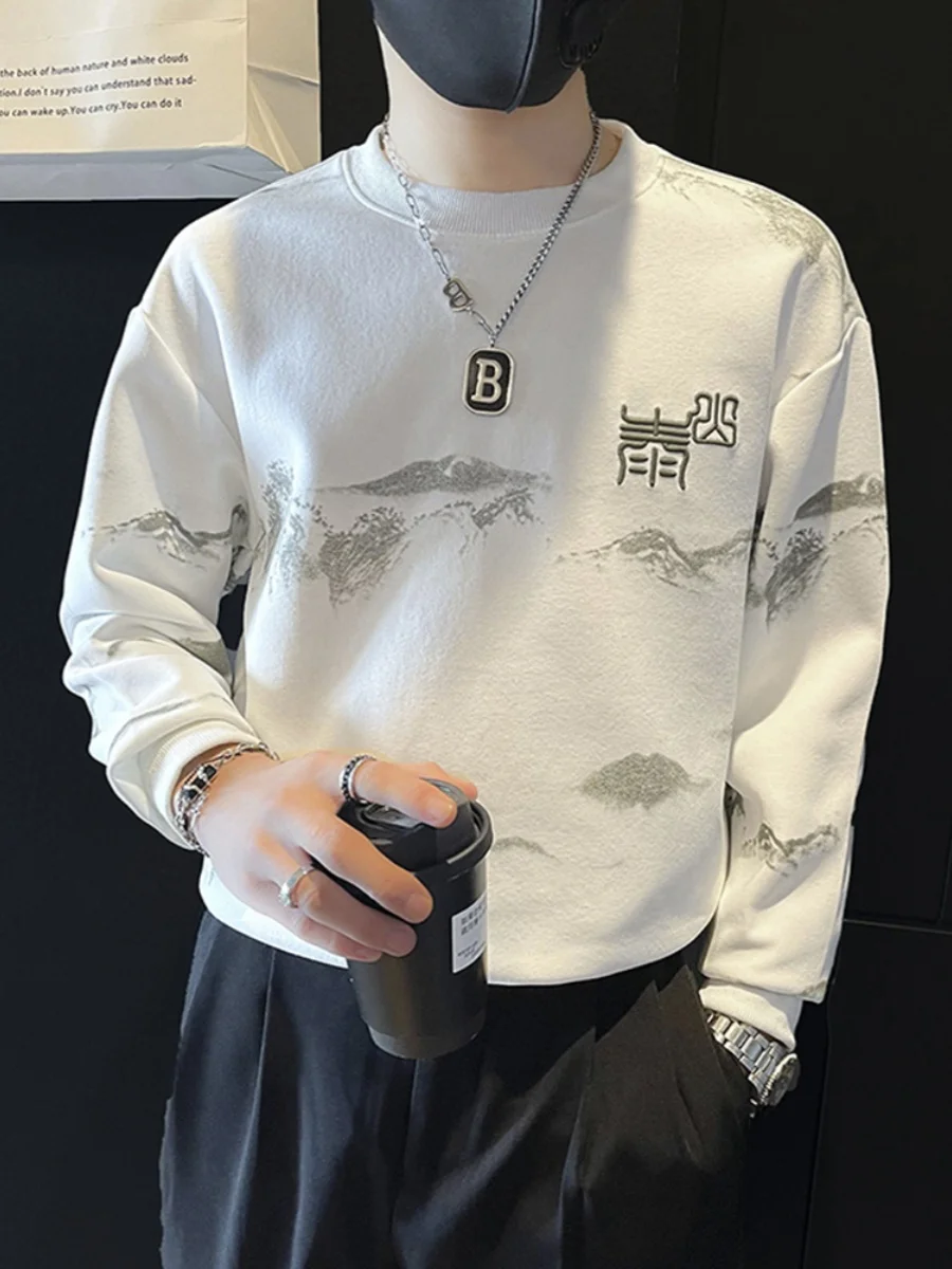 

Весенне-осенняя мужская толстовка с вышивкой, модная футболка с длинным рукавом, повседневная одежда с принтом, молодежный стиль, стандартный крой, круглый вырез