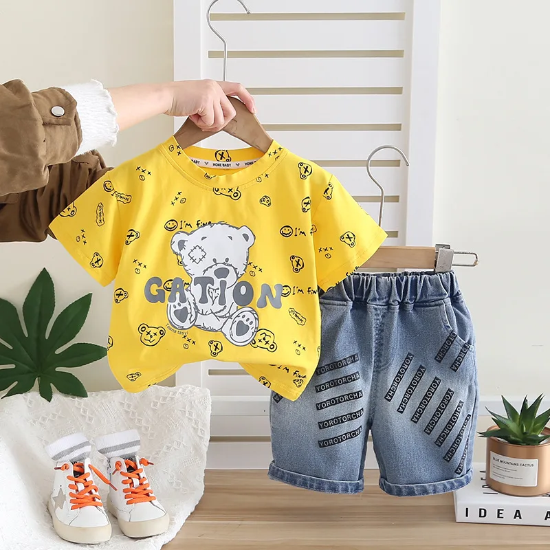 

Infant Clothes 2025 Summer Casual Cartoon Letter Short Sleeve T-shirts Tops and Denim Shorts Elegant Baby Suit Sets for Children