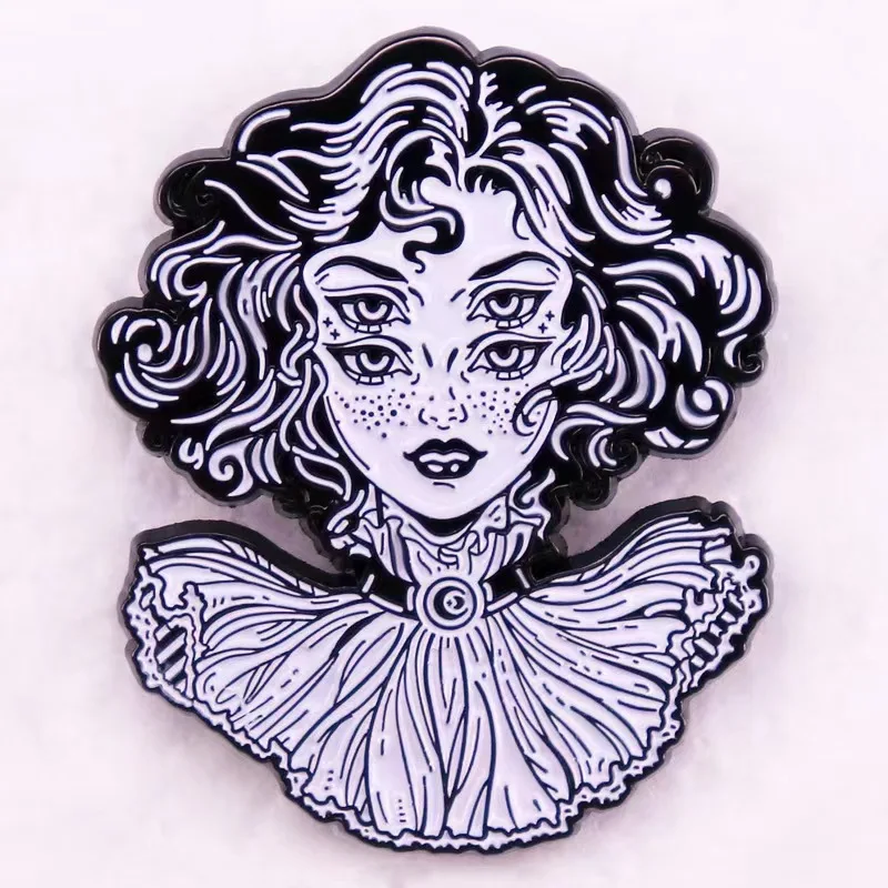 Horror Weird Art Four Eyes Girl Brooch Gothic Metal Badge Punk Pin Denim Jacket Clothes Accessories Jewelry Gift