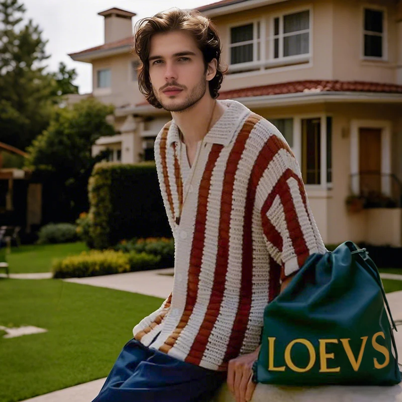 

Mens Fashion Striped Knit Short-sleeved Cardigan Shirts Vintage Jacquard Tops Men Summer Breathable Soft Knitted Cardigans Man