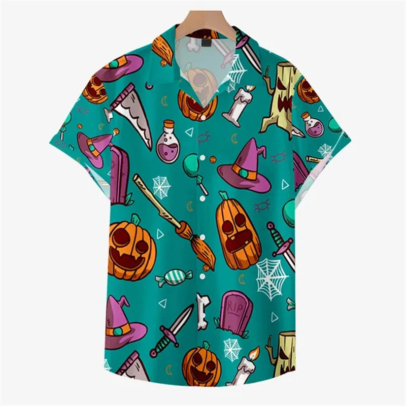 Halloween Pumpkin Tombstone Graphic Short Sleeve Hawaiian Shirt 3D Print Lapel Button Down Party Vacation Daily Mens Clothing