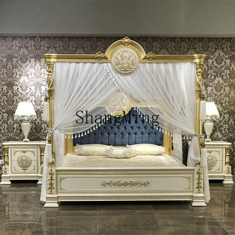 

LXY villa palace bedroom fabric double wedding bed wood carving flower bed