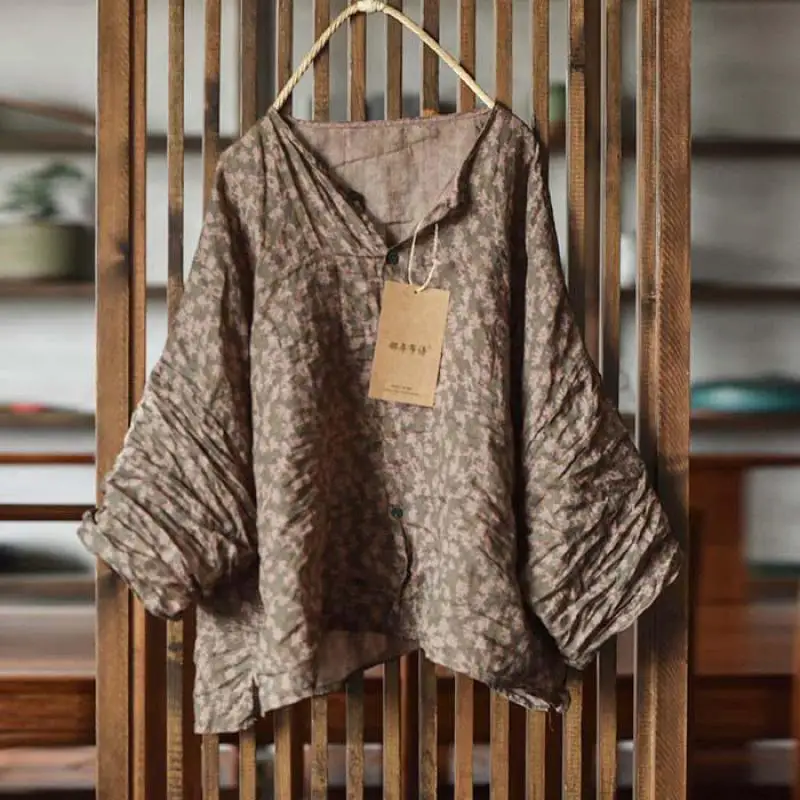 

Высококачественная легкая рубашка с принтом рами, топ, весна-лето, однобортная женская блузка с длинным рукавом и круглым вырезом, женские топы T336