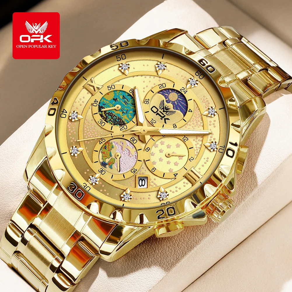 OPK 8175 Mens Watch Original Quartz Watches For Man Waterproof Luminous Reloj Zircon Scale Stainleess Steel Watch With Box