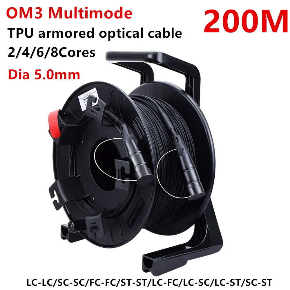 TPU Armored Optical Cable,OM3-300 Multimode, 2/4/6/8 Cores,Flexible Fiber Optic Jumper,With Drum PCD310 Protective Cover,200m