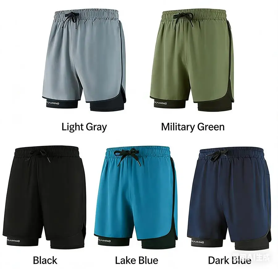 Men Fitness Built-in pocket sports Shorts Summer 2 In 1 Quick Dry Gym Beach Running Double-deck Outdoor sweatpants