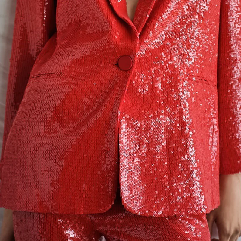 Charismas Red Party Suit Blazer Fashion Sequined Long Sleeve Single Button Short V Neck Blazer Coat Outwear 2025 Women
