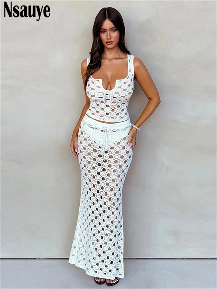 

Nsauye Summer Beach Holiday Women Skirt Knitted Two Piece Set Sexy Club Vest Tops Cover Up Long Low Waisted Skirt Fashion Suit