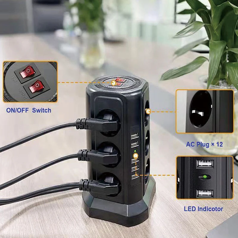 Tower Multi Tap Outlet Extension Cable Network Filter Multiple Splitter Socket Electric Cord Vertical USB Power Strip EU Plug