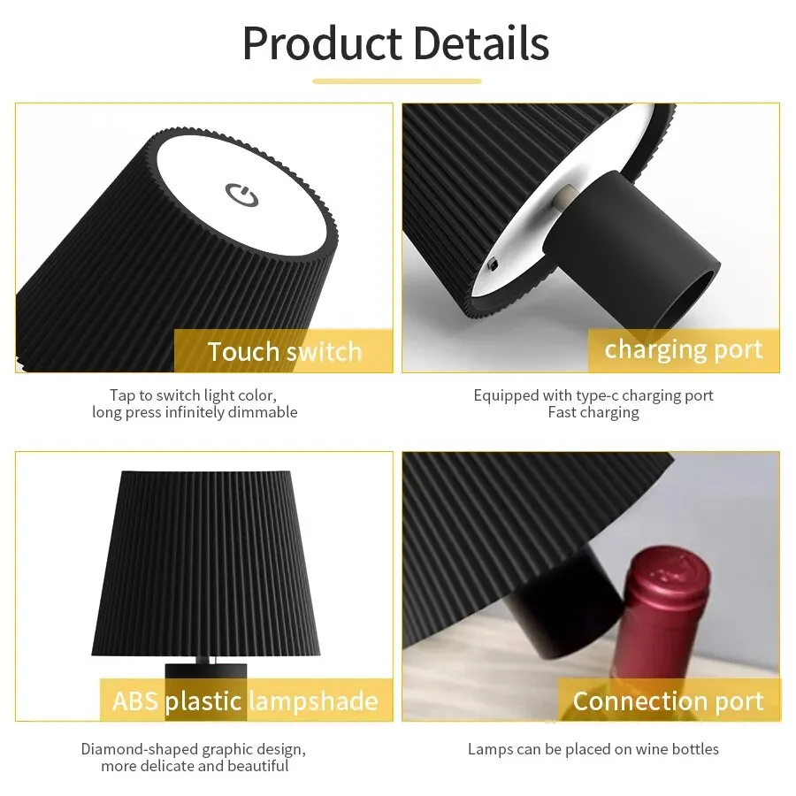 AmmToo Wine Bottle Lamp Head Table Lamp Removable Portable Charging Touch Switch Night Light Decoration for Bar Cafe Atmosphere