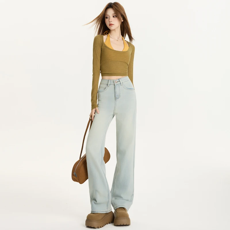 

Светлые цветные широкие женские джинсы, свободные прямые брюки с высокой талией, струящиеся брюки длиной до пола, новый дизайн, модная повседневная одежда Y2K