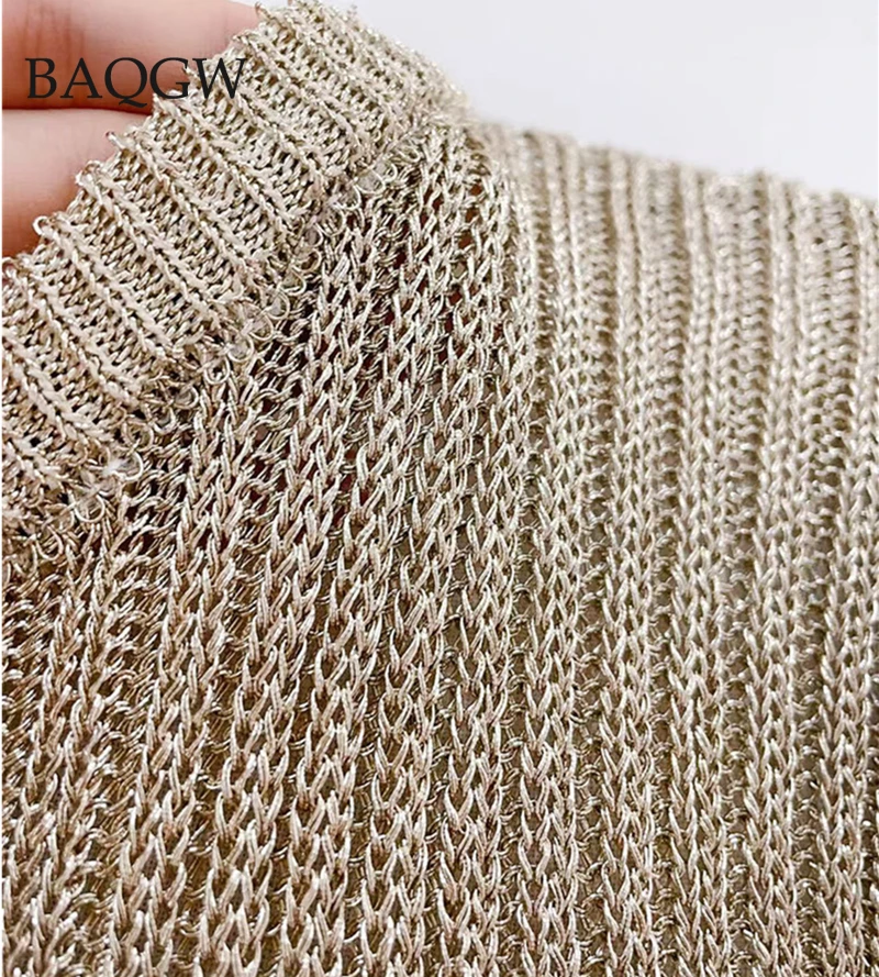 2025 AW 신상 여성용 골드 엘라스틱 풀오버 스웨터 라운드 넥 풀 플레어 슬리브 순색 니트 여성 상의