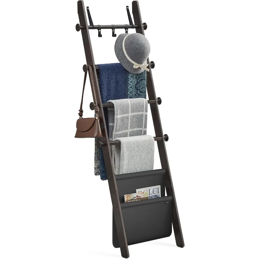 

5Tier Wooden Blanket Ladder Shelf with Synthetic Leather Storage Bag and Metal Side Hooks for Living Room and Bedroom Decor Far