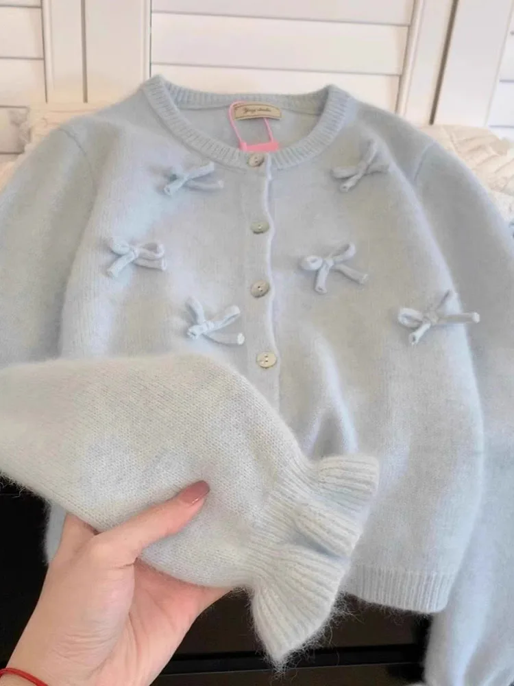 

Blue Mohair Bow Sweater Women's Spring Autumn Long Sleeved O-neck Short Knitted Cardigan Loose All-Matchend Korean Jacket