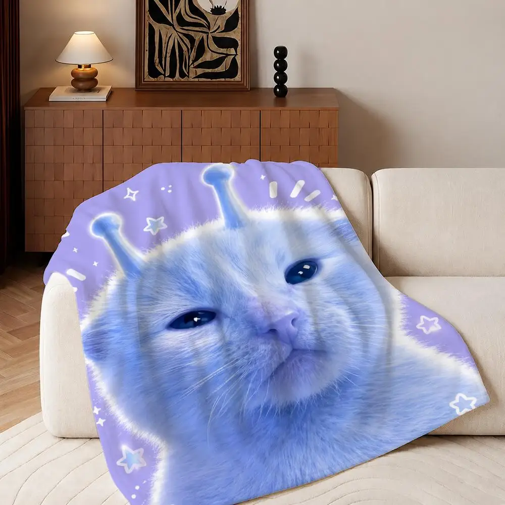Meme Alien Cat Mem Throw Plush Flannel Throw Blanket, Sofa Bed Travel Picnic Home Textile Decor