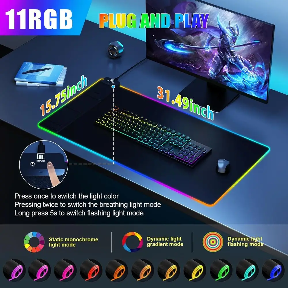 حصيرة مكتب كبيرة مع حامل هاتف، شحن لاسلكي، لوحة ماوس ألعاب RGB، سطح أملس، غير قابلة للانزلاق، مقاومة للماء، مكتب مكتب أسود #4