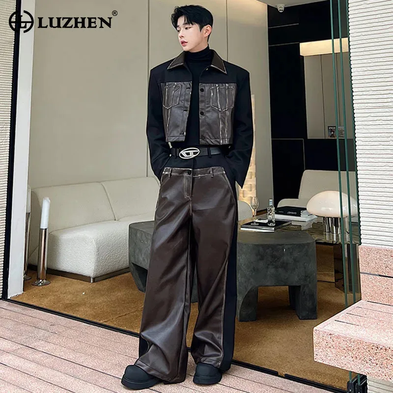 LUZHEN Men Patchwork Spring Lapel Suits Vintage Leather Short Jacket Wide Leg Pants Two Piece Set Color Contrast Design LZ7300