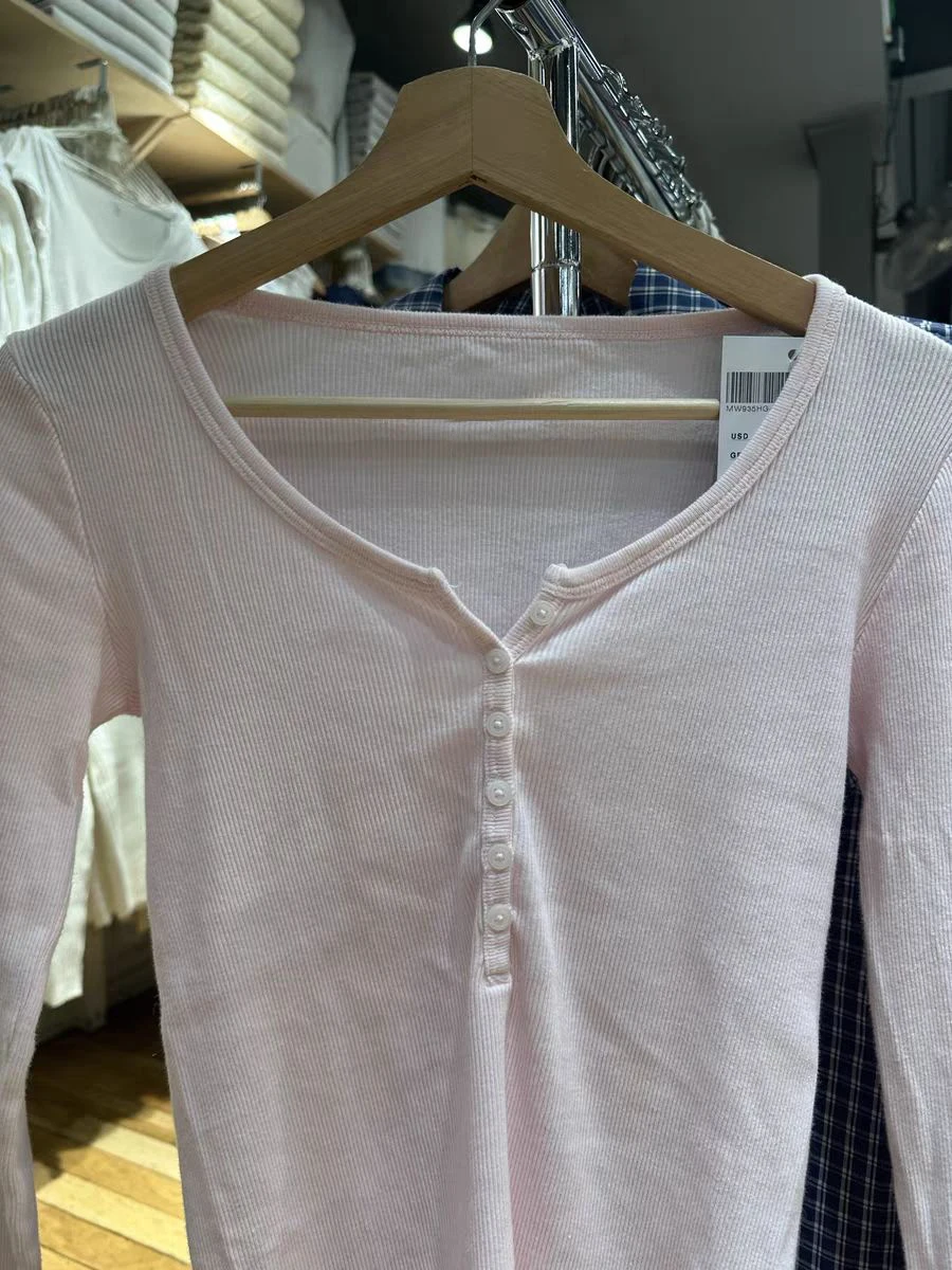 T-shirt manches longues côtelé rose femmes Six boutons encolure dégagée hauts minces T-shirts automne doux décontracté Simple coton T-shirts Y2k