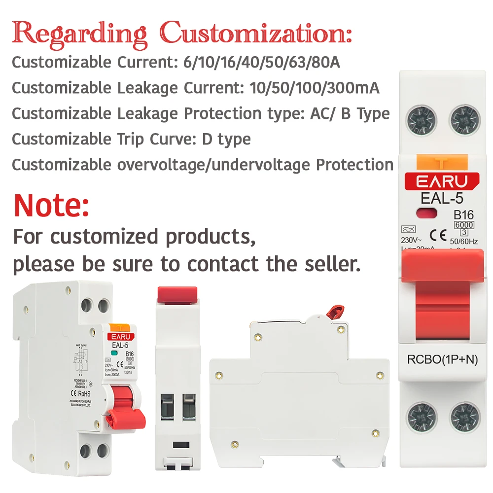 RCBO نوع A قطاع دارة أوتوماتيكي متبقي 1P + N 2P 6A 10A 16A 20A 32A 40A منحنى C/B حماية التسرب الحالي 30mA