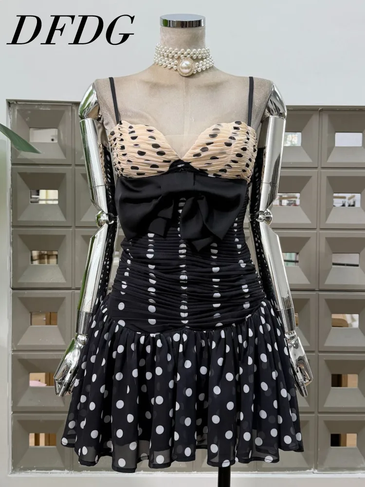 

DFDG Women’s 2025 Designer Chiffon Dress Bow Color Block Polka Dot Ruffle Spaghetti Strap Asymmetrical Party Spring Summer Dress