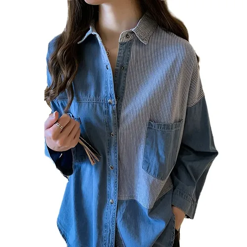 Camisa vaquera de manga larga para mujer, Blusa holgada de algodón con cuello vuelto, Tops azules oscuros, moda coreana, novedad de otoño 7256