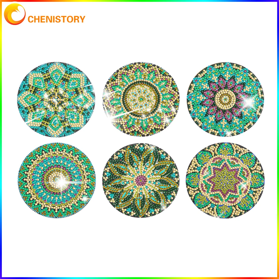 

CHENISTORY 6pcs DIY Diamond Painting Coasters Mandala Flowers Wood Tablemat For Drinks Crystal Rhinestones Diamond Art Coasters