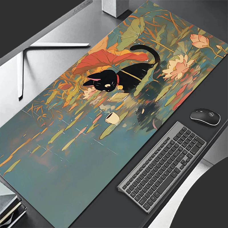 Mouse pad preto gato design antiderrapante tapete de mesa jogos acessórios portáteis bordas costuradas para casa e jogo para gamer mousepad