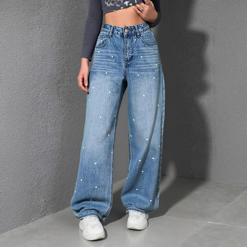 Stile europeo americano a forma di cuore jacquard a vita alta a gamba larga da donna 2026 autunno/inverno nuovi pantaloni lunghi larghi alla moda