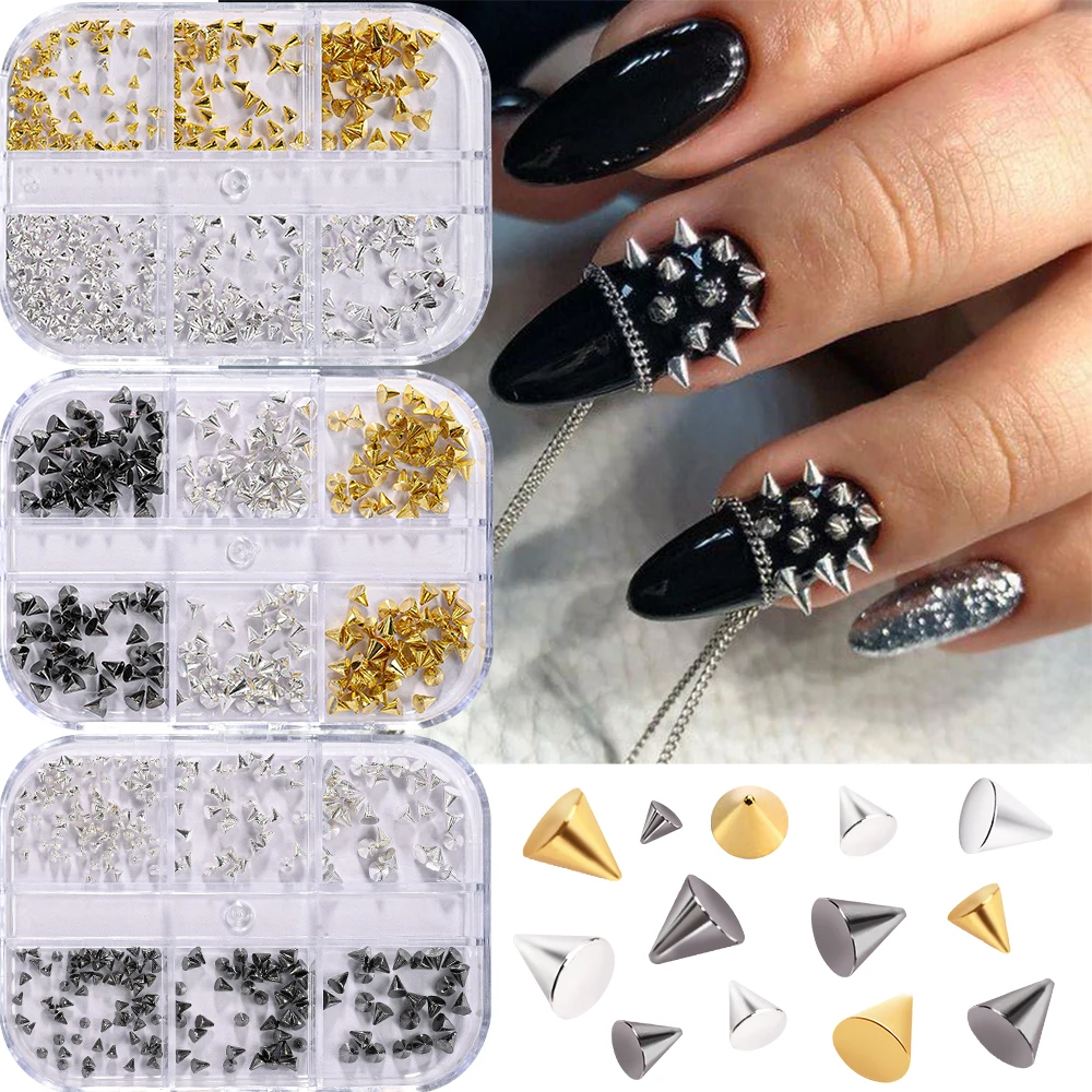 6 rejillas 3D Punk remache Nail Art Charms aleación de fondo plano cono puntiagudo tachuelas de uñas mixtas negro plata oro manualidades DIY remache de punta
