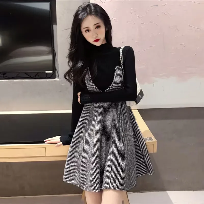 2024 Pullover Slip Kleid Anzug sexy V-Ausschnitt Kleid Strick pullover 2 Stück Set neue Frühling Herbst Kleid Anzug koreanische Kleidung Anzug