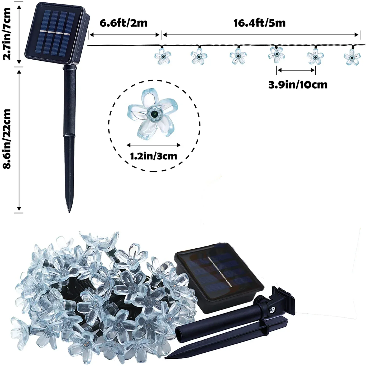 Guirnalda de luces solares para jardín, lámpara impermeable de simulación de hadas, guirnaldas florales, decoración navideña