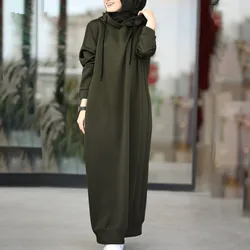 Women's Fashionable Long Dress Hooded Splicing Muslim Dresses Solid Color Long Sleeve Loose Casual Ladies Muslim Robe