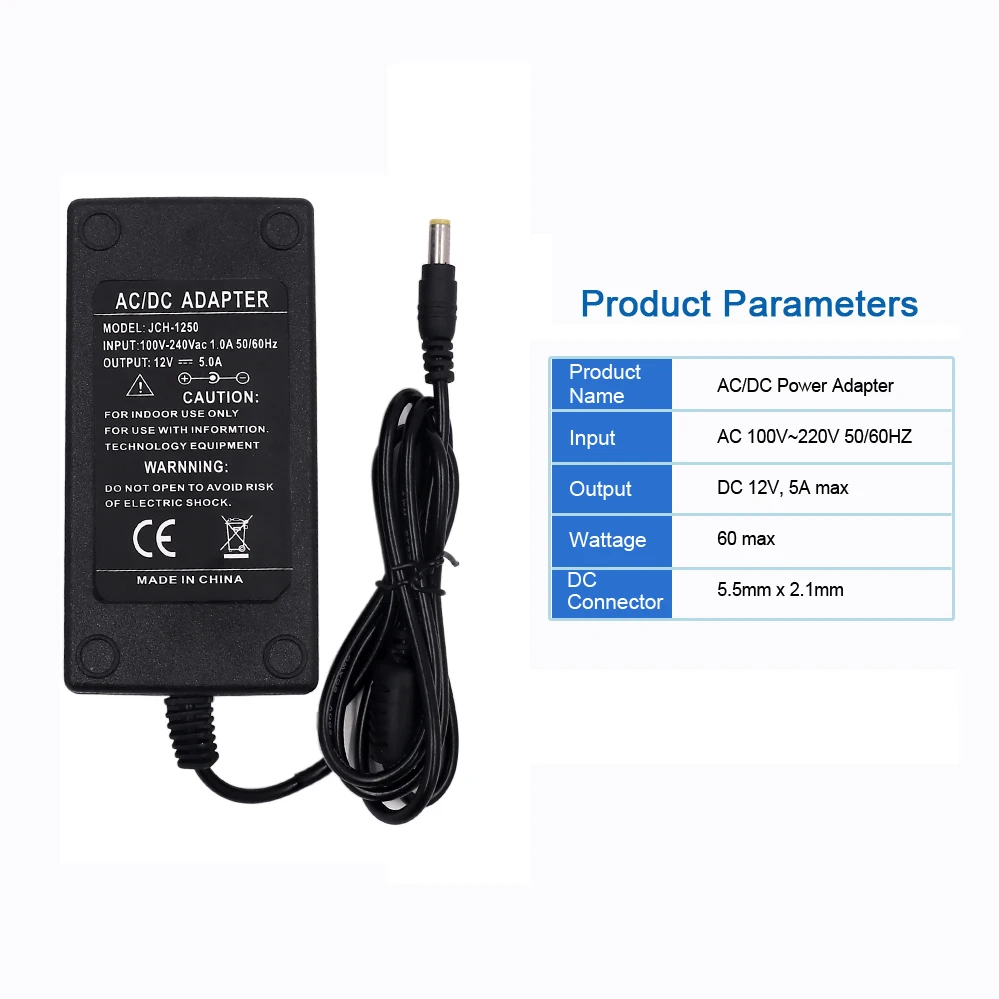 12V Power Adapter Supply Plug 220V 110V AC To DC Switch Wire Cord For LED Strip LCD Monitor 5.5*2.1mm LED Charger 60W 120W 36W